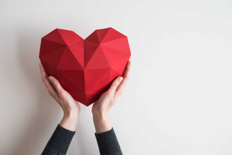 Female hands holding red polygonal heart shape