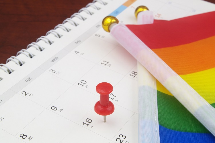 Bandeiras LGBTQIA+ sobre calendário com pin espetado
